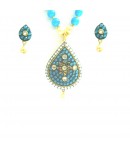 Pendent Set with Earrings, D1-X21, Blue and Gold Color, Fashion Jewelry